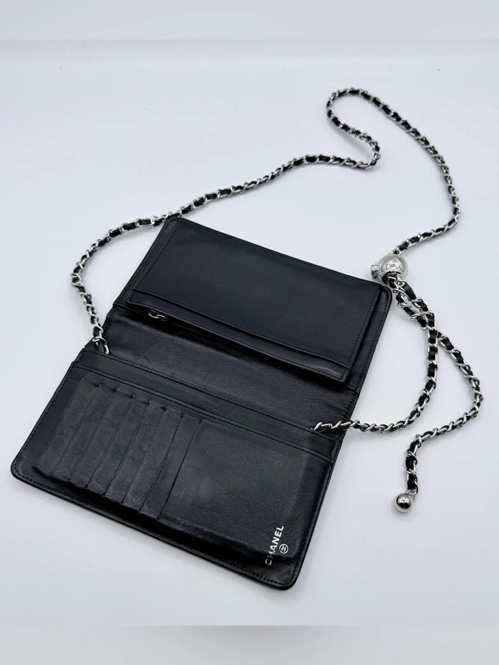 CHANEL Black Caviar Leather Chain Wallet Crossbody